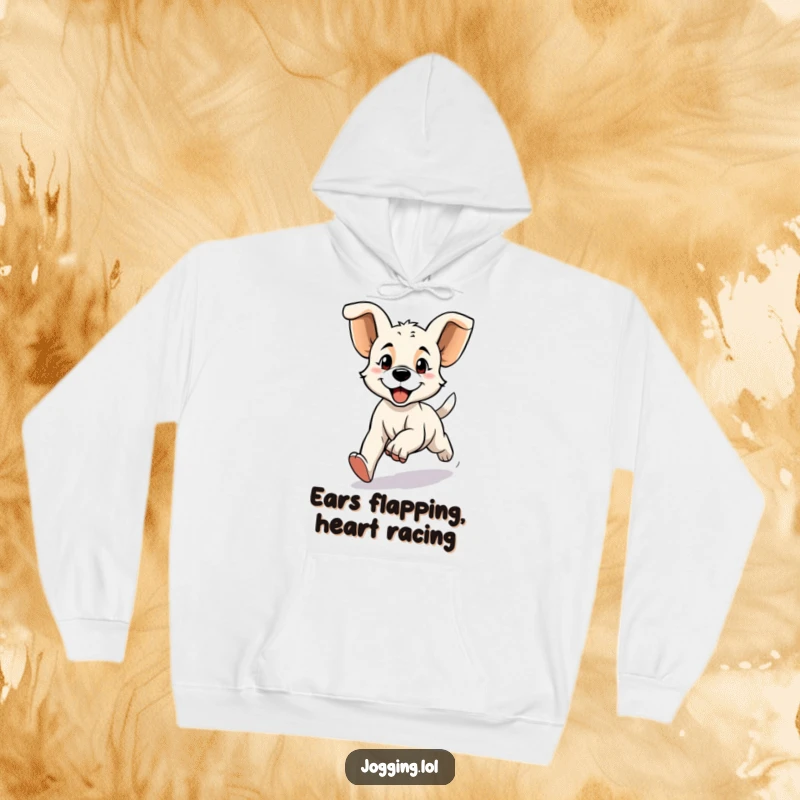 Funny hoodie with a determined puppy character jogging enthusiastically with floppy ears, offering warmth and humorous dog-lover style.