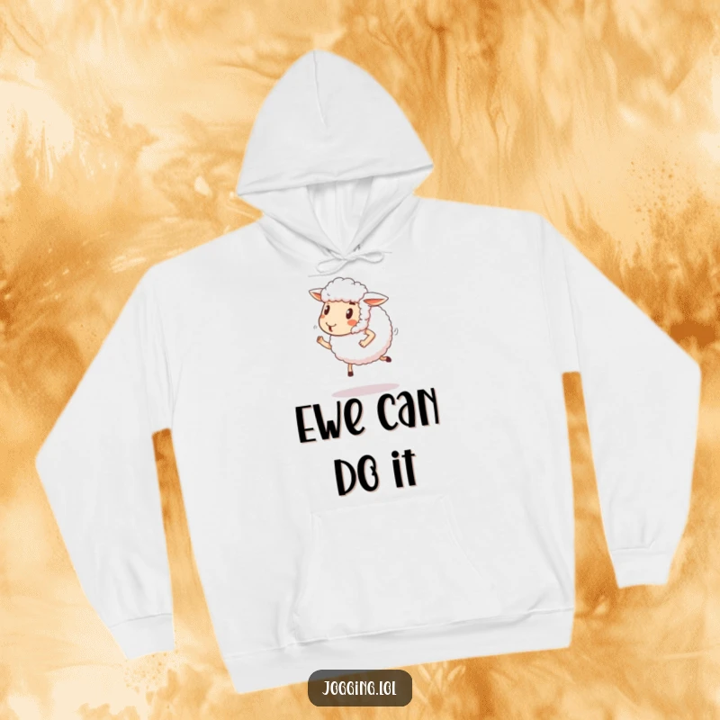 Funny sheep hoodie showing a fluffy, happy sheep comically jogging. Cozy and humorous apparel.