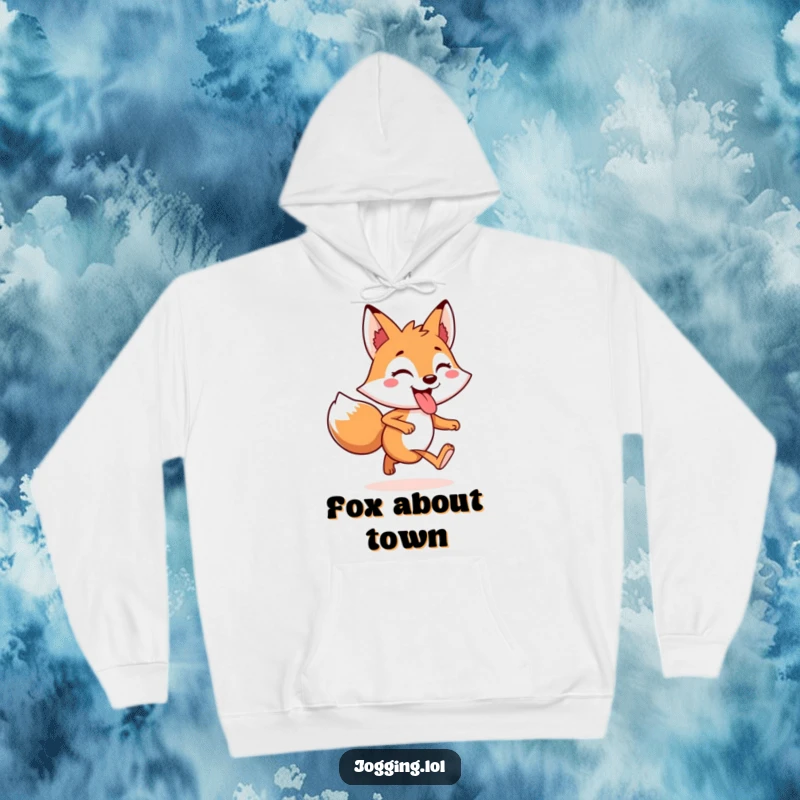 Funny Hoodie featuring a cheerful fox character mid-jog with its tongue playfully out, exuding warmth and mischief.