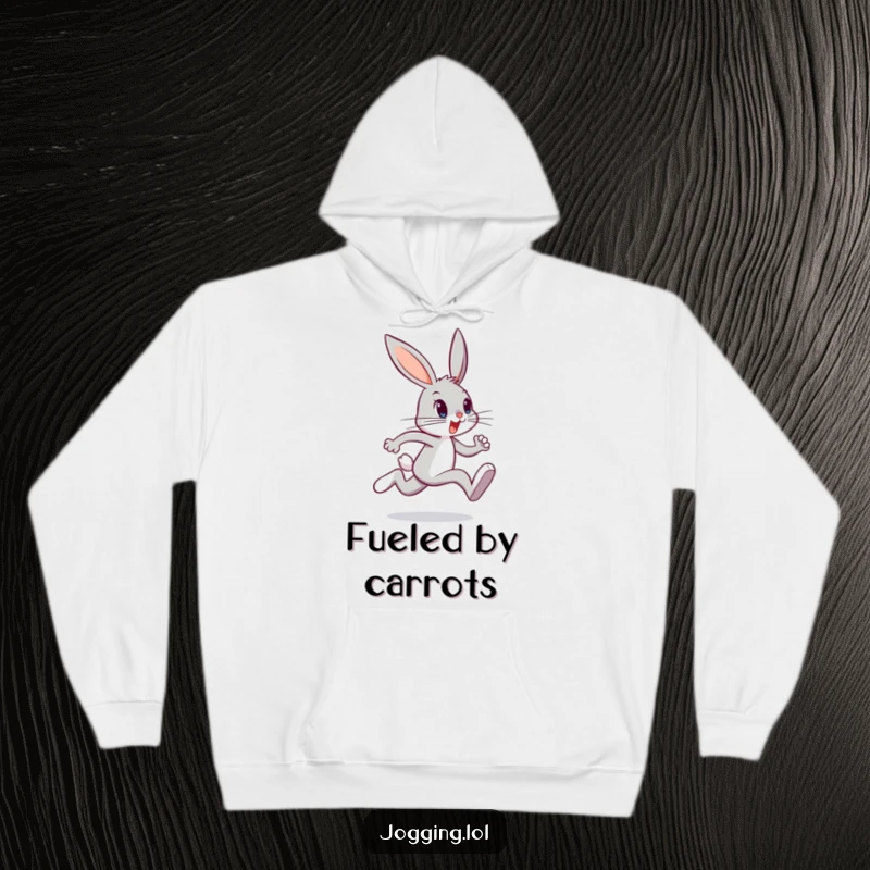 Funny bunny hoodie showing a determined character sprinting with energetic legs, perfect for active days or cozy lounging, a super funny gift.