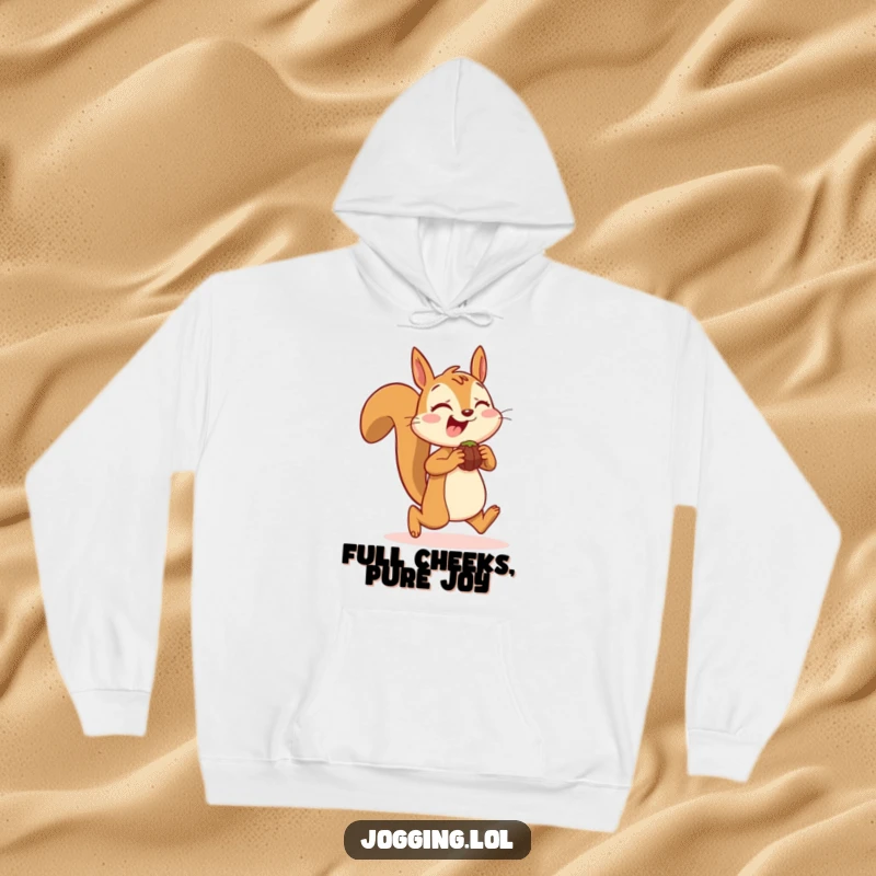 Funny hoodie depicting a joyful squirrel character jogging with nuts in its cheeks, offering warmth and humorous charm for cozy days.