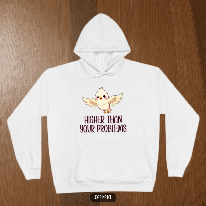 Funny bird hoodie with a happy bird character soaring gracefully with outstretched wings, offering warmth and a sense of freedom.
