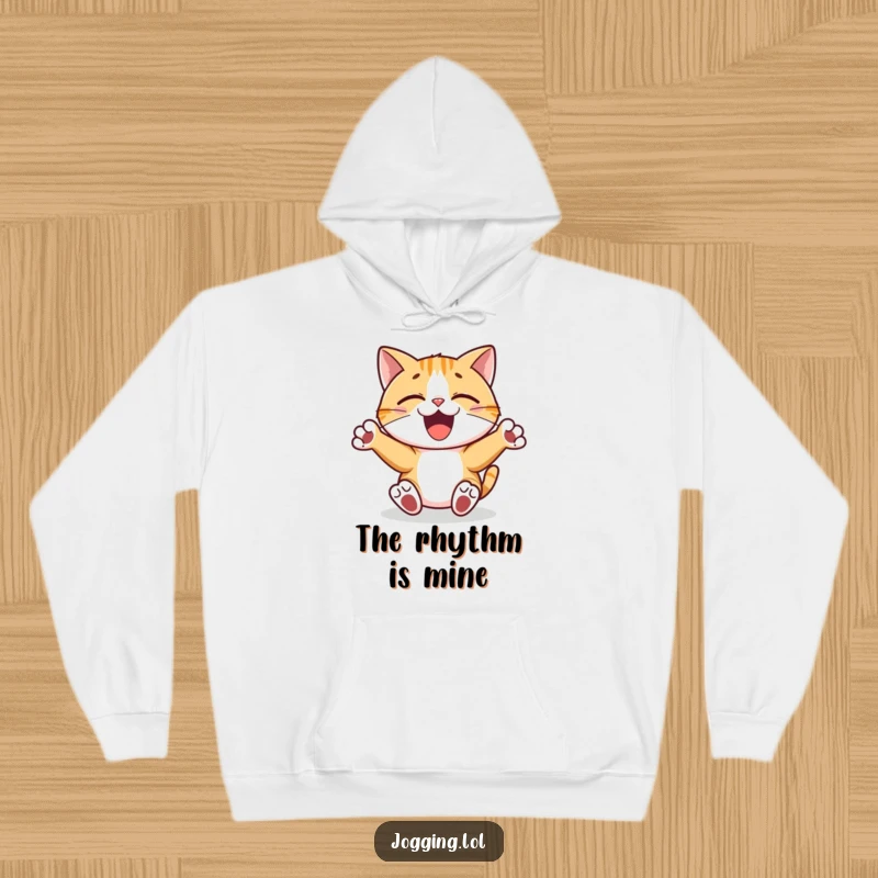 Funny hoodie featuring a joyful cat character with paws pumping rhythmically, perhaps in a DJ booth, exuding musical energy.