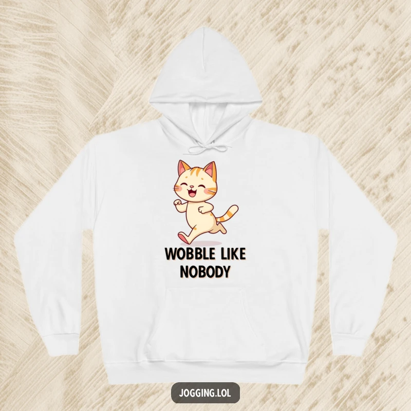 Funny hoodie with a happy cat character jogging with a charming wobble, offering warmth and humorous feline-inspired style.