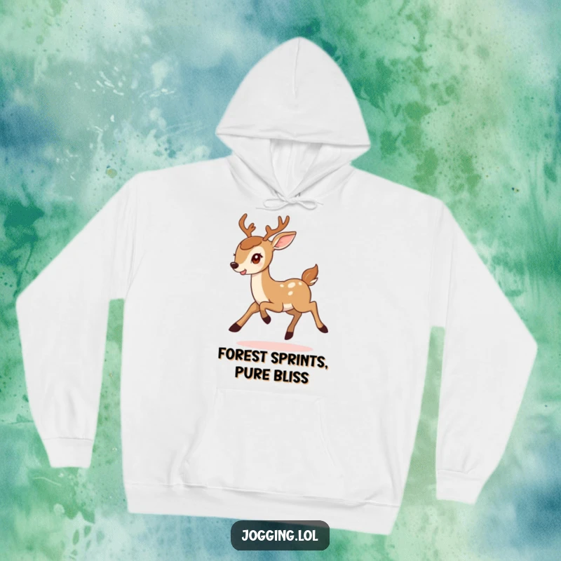 Funny hoodie depicting a smiling deer bounding with purposeful energy, offering warmth and a humorous touch for outdoor enthusiasts.