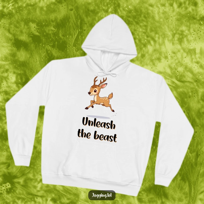 Funny determined deer jogger in graceful leaping motion, featured on a cozy hoodie, bringing athletic humor and warmth to any wearer.