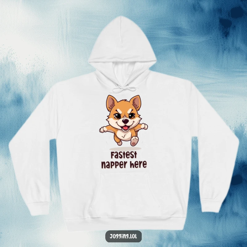 Funny dog hoodie with a determined dog character in mid-run, conveying a humorous sense of unwavering focus and energy.