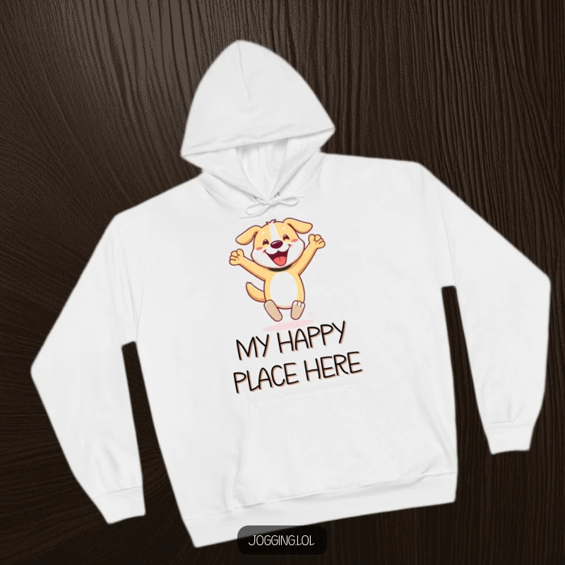 Funny dog hoodie showcasing a happy character mid-sprint with arms pumping, radiating fun and active vibes, ideal for gifts.