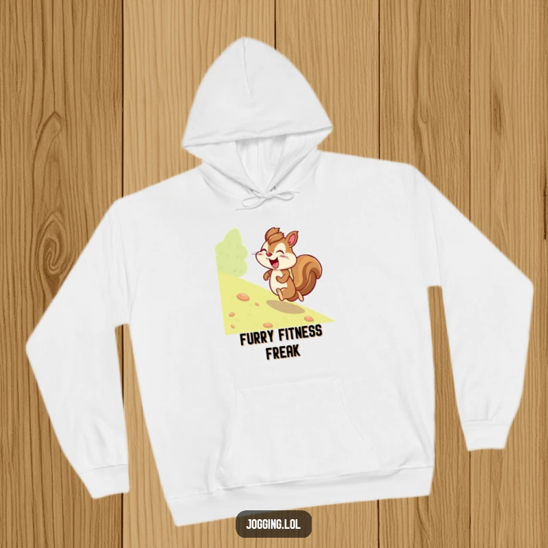Funny squirrel hoodie with a giggling character energetically jogging uphill, emphasizing determination and humor for a cozy, lighthearted feel.