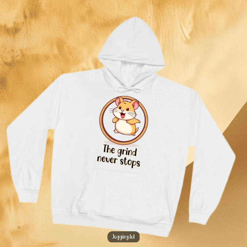 Funny hoodie inspired by a determined hamster running vigorously on a wheel graphic, offering warmth and humorous motivation.