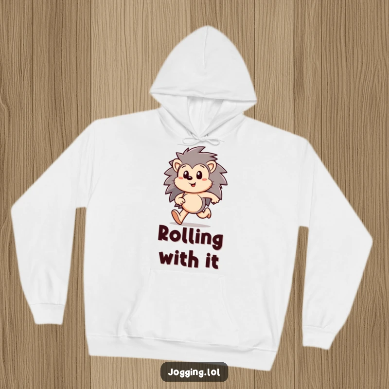 Funny hedgehog hoodie featuring a happy character running with a determined look, offering warmth and a symbol of focus, a cozy funny gift.