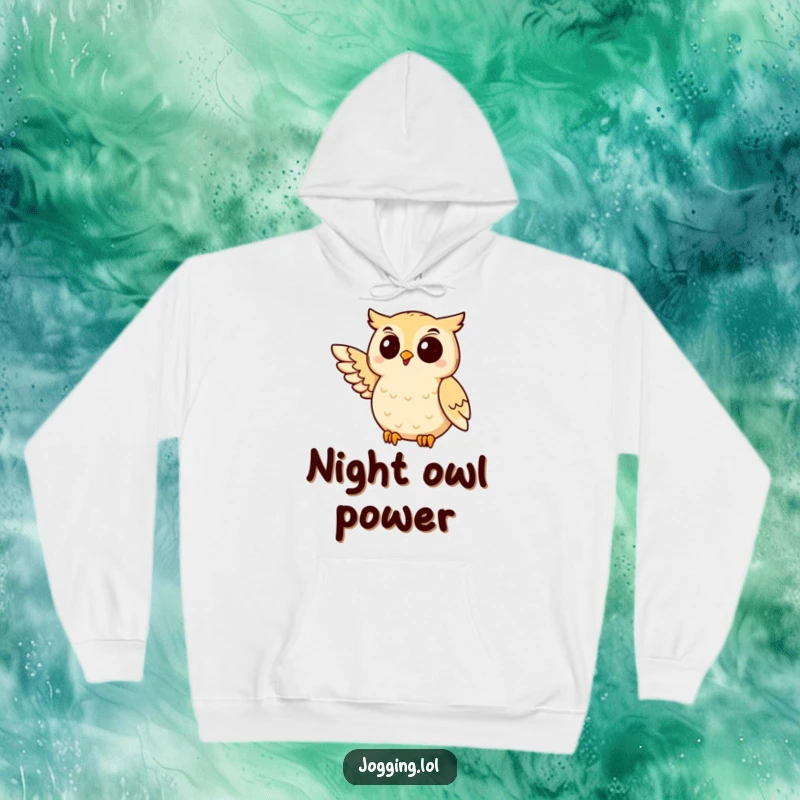 Funny owl hoodie showing a delighted bird jogging with a wing extended, offering warmth and a touch of humor.