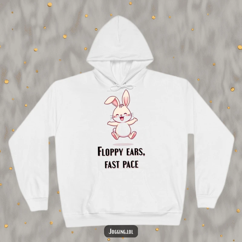 Funny hoodie depicting a joyful rabbit comically jogging, its ears flapping humorously during a lively run.