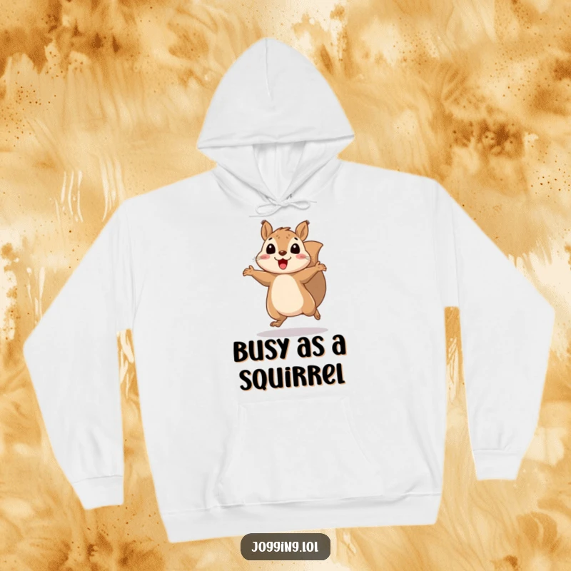 Funny squirrel hoodie featuring a cheerfully bouncing squirrel with blurred legs, offering cozy comfort and a humorous touch.