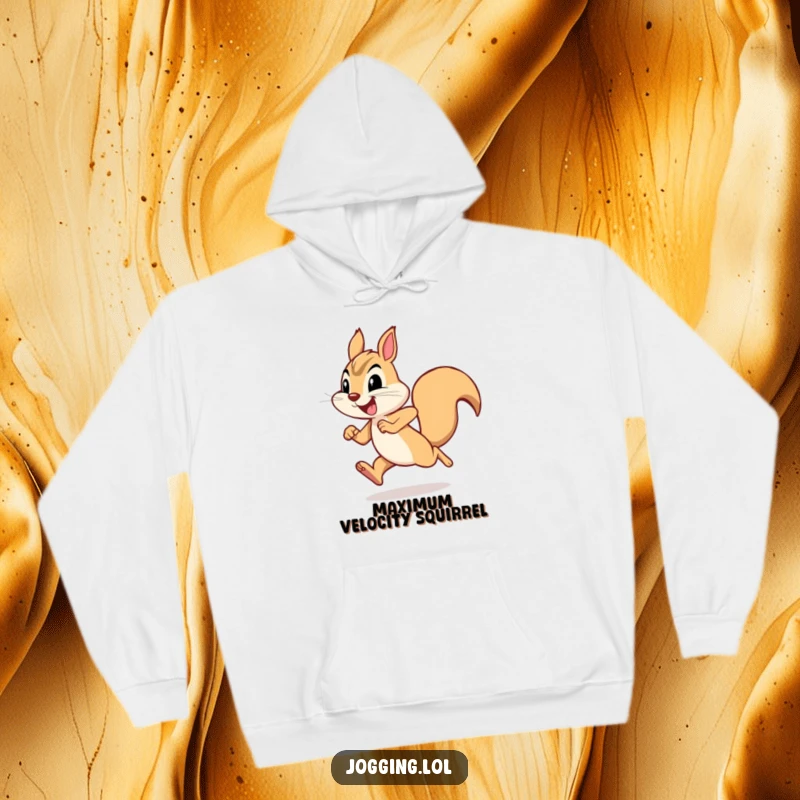 Funny squirrel hoodie with a joyful squirrel character sprinting with humorous determination, perfect for staying warm and cheerful.