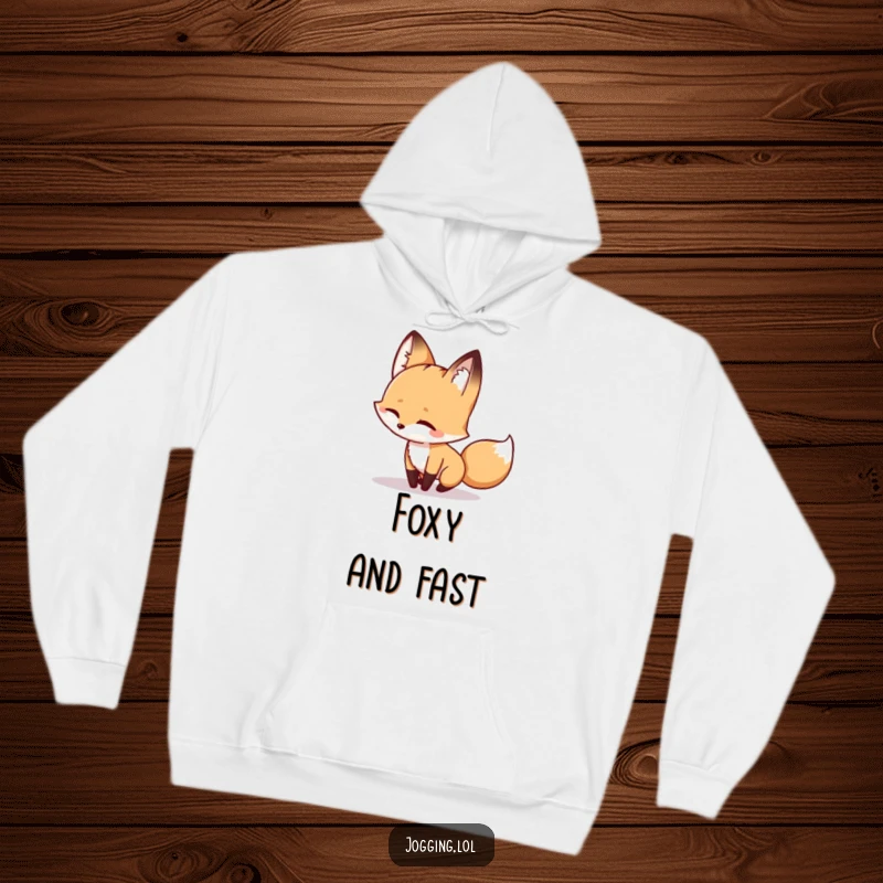 Funny fox hoodie with a winking character playfully chasing its shadow, offering cozy humor and a touch of whimsical fun.