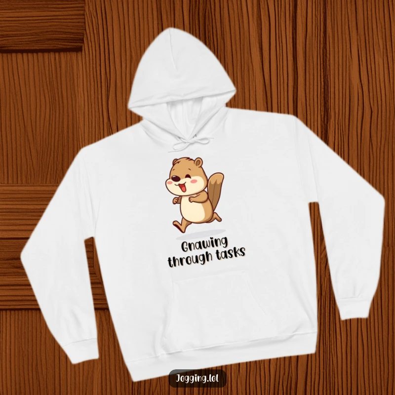 Funny hoodie featuring a busy beaver runner in rhythmic motion, offering warmth and a symbol of hard work.