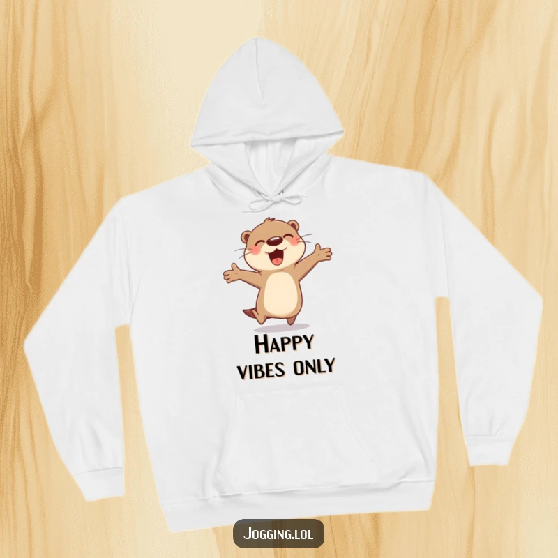 Funny otter hoodie featuring a cheerful character bounding with arms open, offering a sense of warmth and happiness, a cozy funny gift.