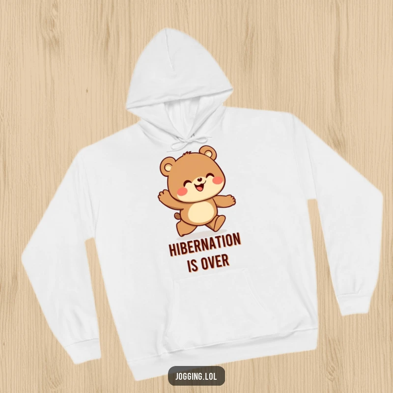 Funny hoodie featuring a curious bear jogger gazing ahead with joy, offering warmth and a sense of adventure.