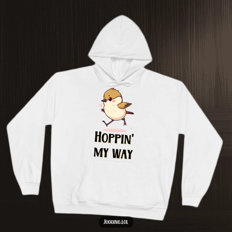 Funny chickadee hoodie showcasing a determined bird hopping forward with gusto, lungs puffed, offering a humorous and cozy feel.
