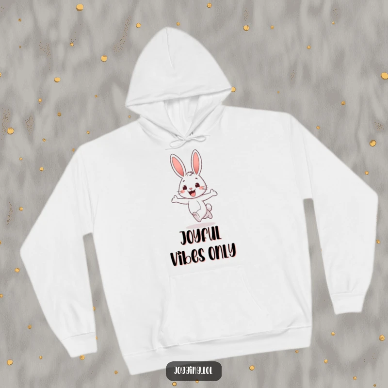 Funny rabbit hoodie showcasing a cheerful character jogging with a wide, excited grin, embodying happiness and comfort, a cozy gift.