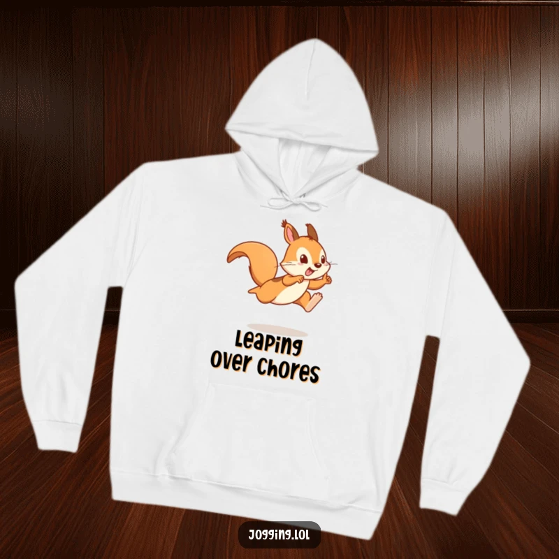 Funny hoodie featuring a playful squirrel sprinter captured mid-leap, radiating pure energy and a fun-loving vibe.