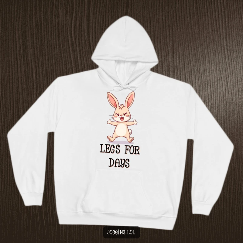 Funny energetic bunny hoodie, determined rabbit, legs extended, cozy apparel, motivational, awesome funny gift