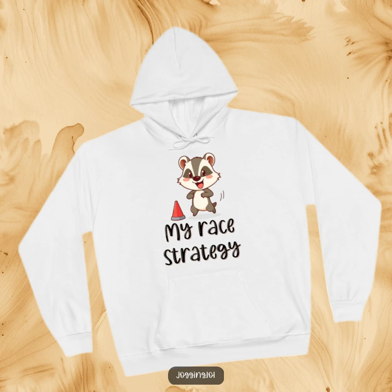 Funny hoodie depicting a happy badger character comically preparing for a race, conveying a sense of eager anticipation and humorous effort.