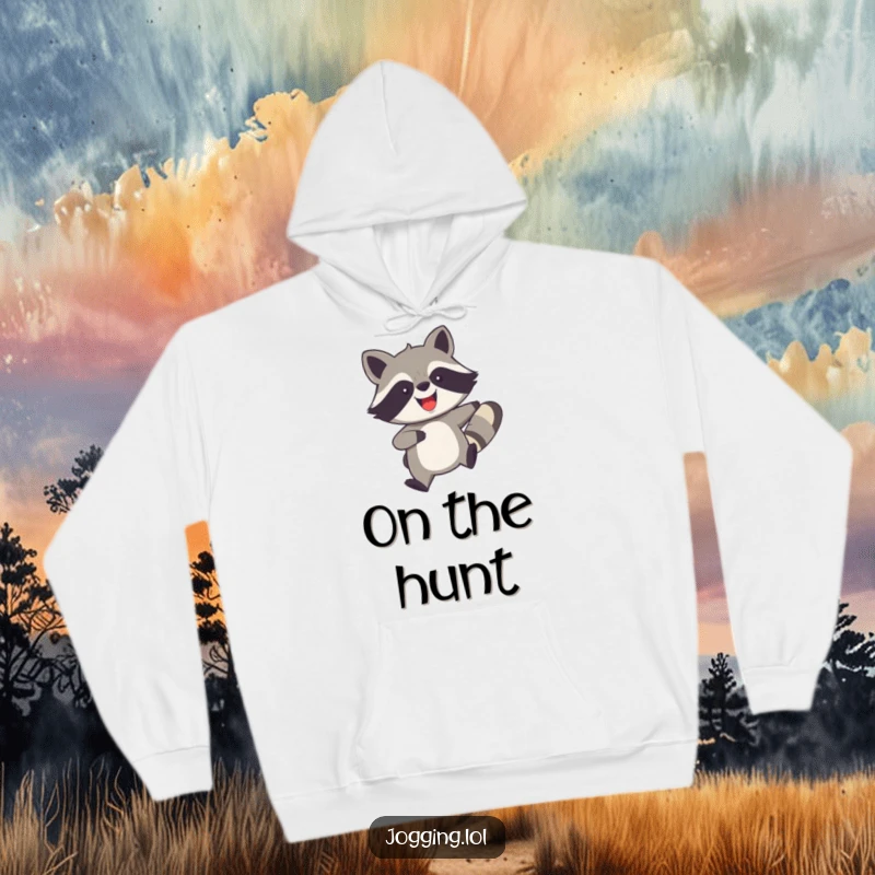 Funny hoodie featuring a joyful raccoon with legs churning quickly, offering warmth and a humorous symbol of speed and playfulness.