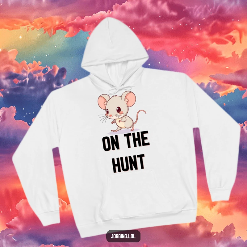 Funny hoodie featuring a curious mouse accelerating its pace, eyes fixed forward, ready for action.