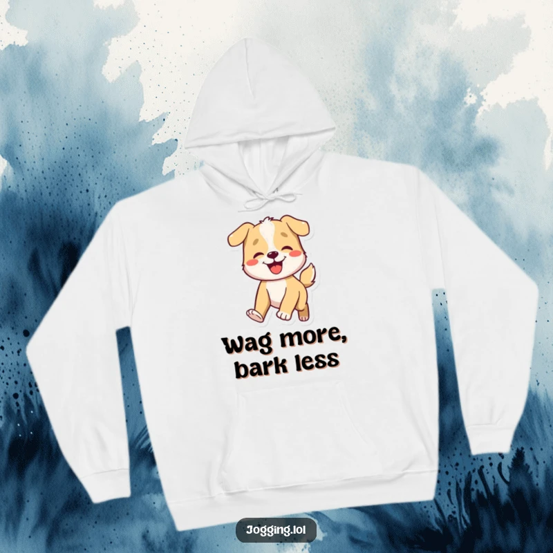 Funny dog hoodie with a smiling character energetically wagging its tail, offering warmth and a dose of playful charm.
