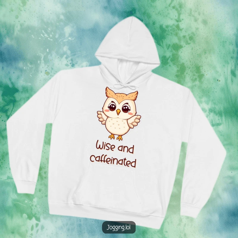 Funny owl hoodie with a happy protagonist slightly flapping its wings, offering warmth and a dose of charming, funny wisdom.