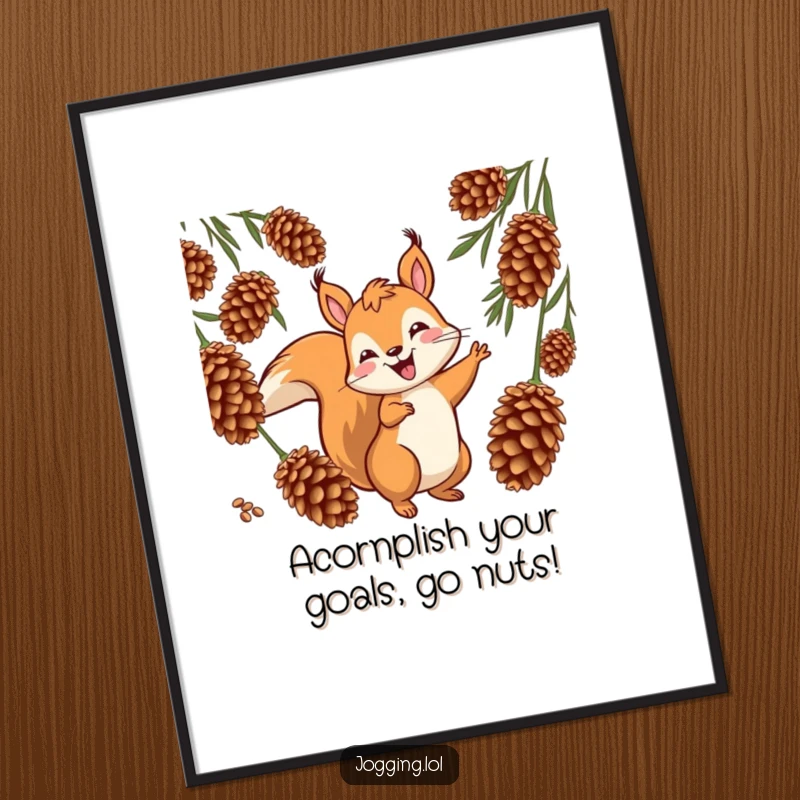 Funny Free Printable Wall Art: A jovial squirrel character weaves playfully between cones, showcasing agility and spirited fun.