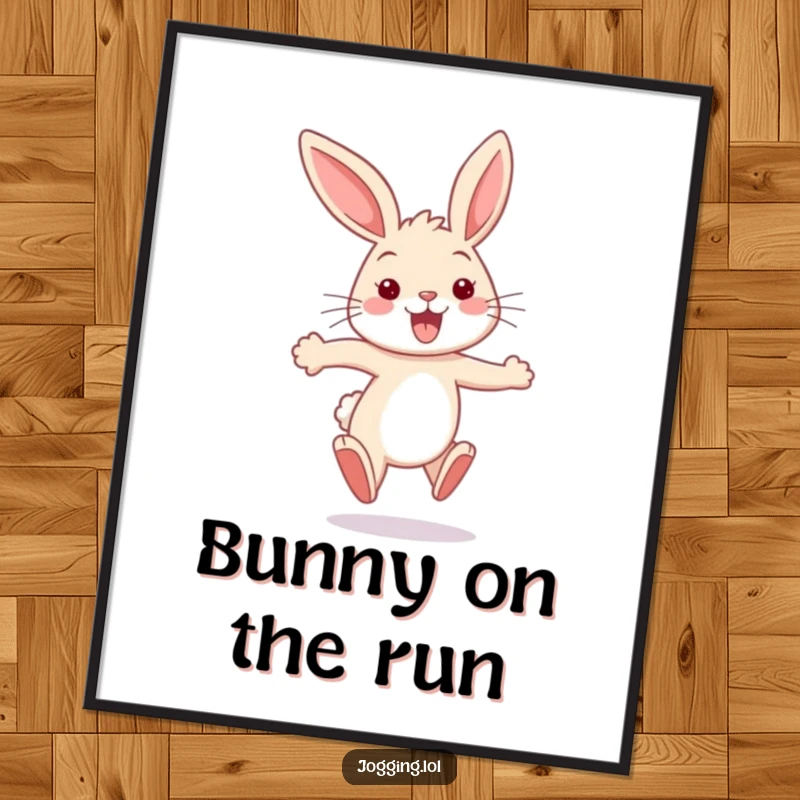 Funny Free Printable Wall Art of a bouncy bunny sprinting joyfully, ears flapping, spreading happiness with its dynamic pose.