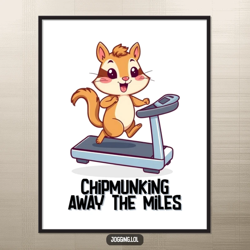Funny Free Printable Chipmunk Wall Art depicting an energetic chipmunk sprinting vigorously on a treadmill.