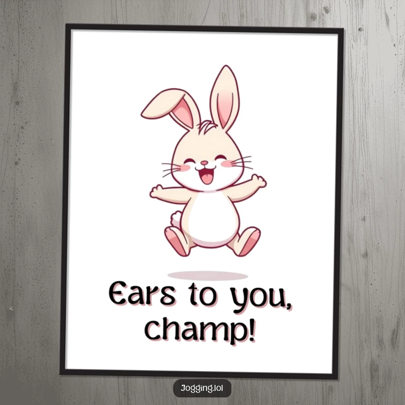 Funny Free Printable Wall Art depicting a joyful rabbit comically jogging with its ears comically flopping.