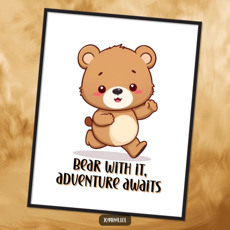 Funny Free Printable Wall Art: Curious bear cub jogging tentatively, looking at paws, ideal for humorous decor.