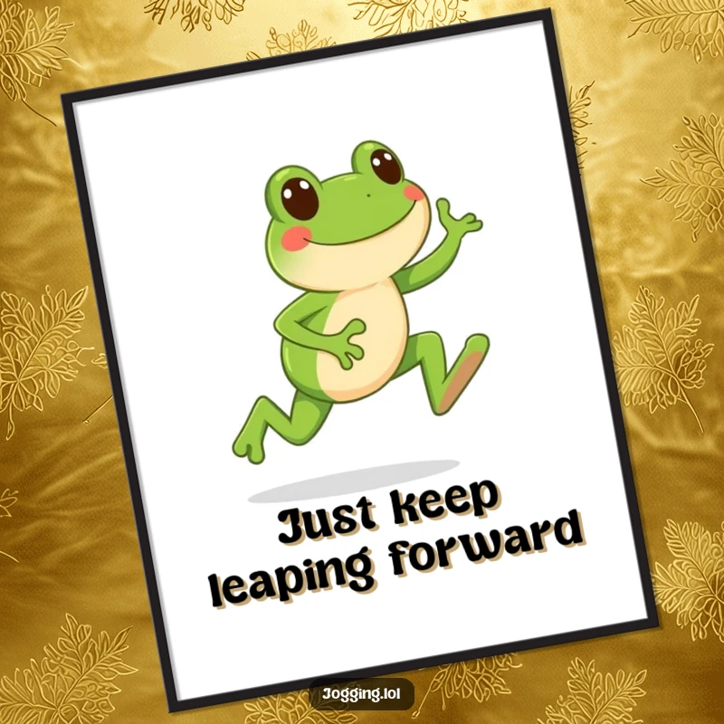 Funny Free Printable Wall Art of a happy frog character leaping forward with each enthusiastic jogging stride.