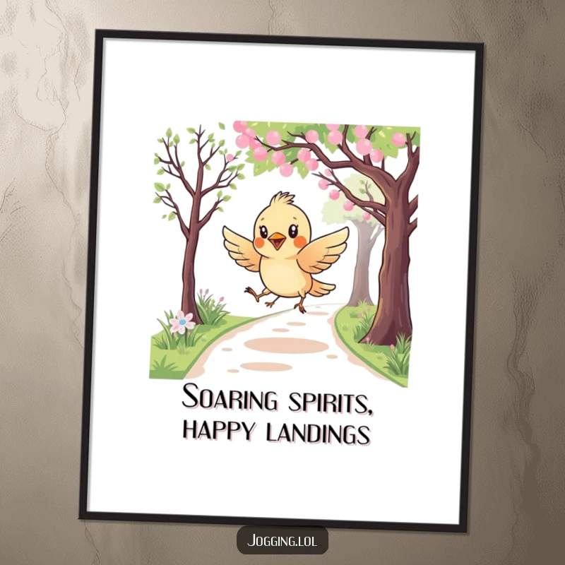 Funny Free Printable Wall Art depicting a curious bird in a playful swooping motion over a jogging path, bringing joy to any room.