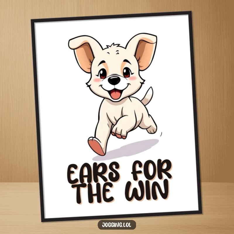 Funny Free Printable Wall Art: A determined puppy jogging with ears flopping wildly, full of boundless enthusiastic energy.
