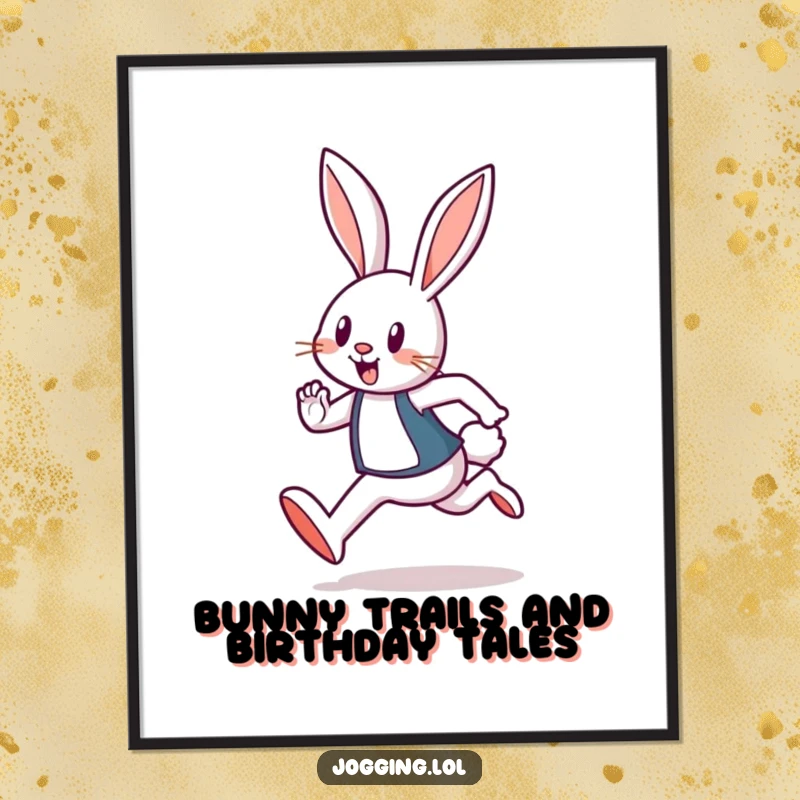 Funny Free Printable Wall Art of a cheerful rabbit jogger in mid-hop, perfect for a humorous home.