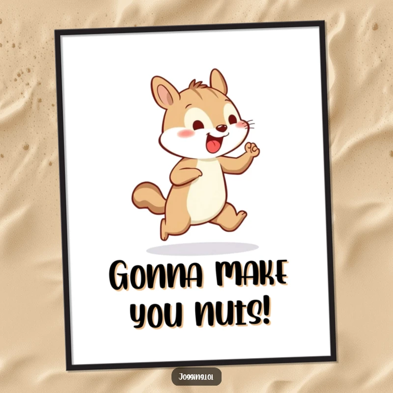 Funny Free Printable Wall Art of a cheerful squirrel pumping its tiny arms vigorously while jogging.