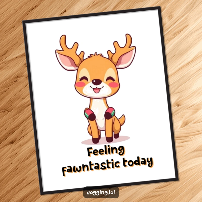 Funny Free Printable Wall Art of a happy deer with tiny sweatbands looking invigorated while jogging.