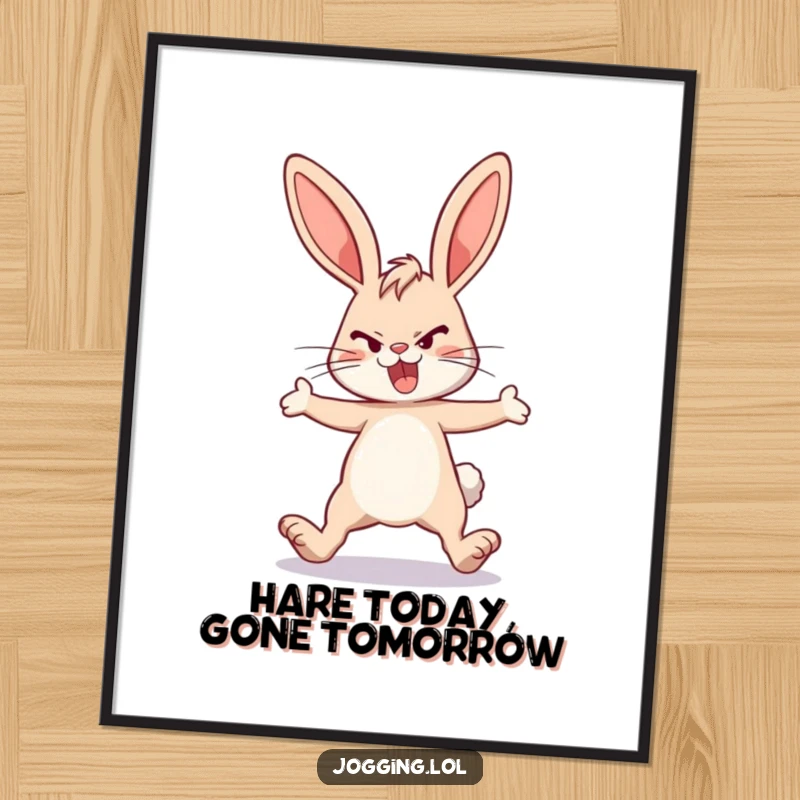 Funny Free Printable Wall Art: Energetic bunny rabbit with legs extended, captured in a determined, speedy stride.