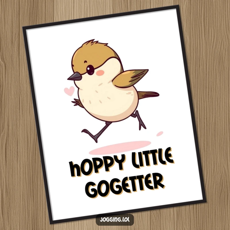 Funny Free Printable Wall Art of a determined chickadee hopping forward, lungs puffed, bringing a smile with its humorous effort.