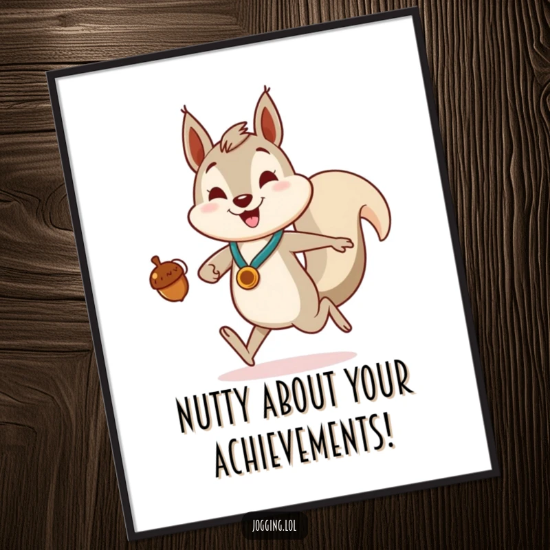 Funny Free Printable Wall Art of a smiling squirrel jogging enthusiastically, its tiny acorn treasure held up like a medal.