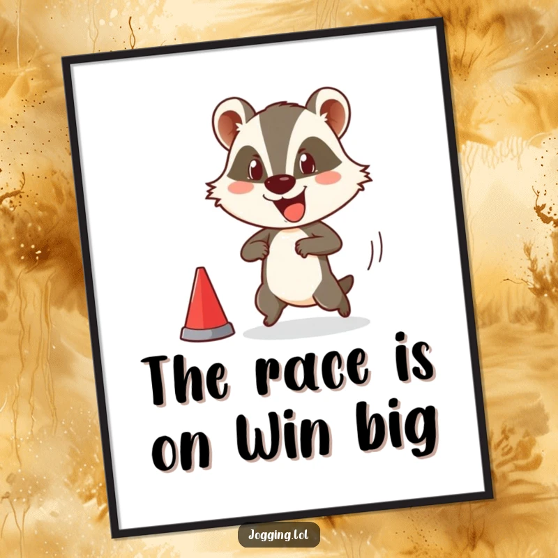 Funny Free Printable Wall Art depicting a badger comically preparing for a race, adding a touch of humor to any room.