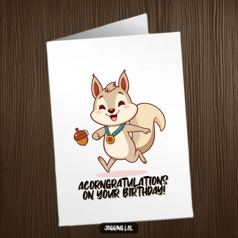 Funny Free Printable Birthday Card featuring a smiling squirrel jogging enthusiastically with a tiny acorn held high like a medal.