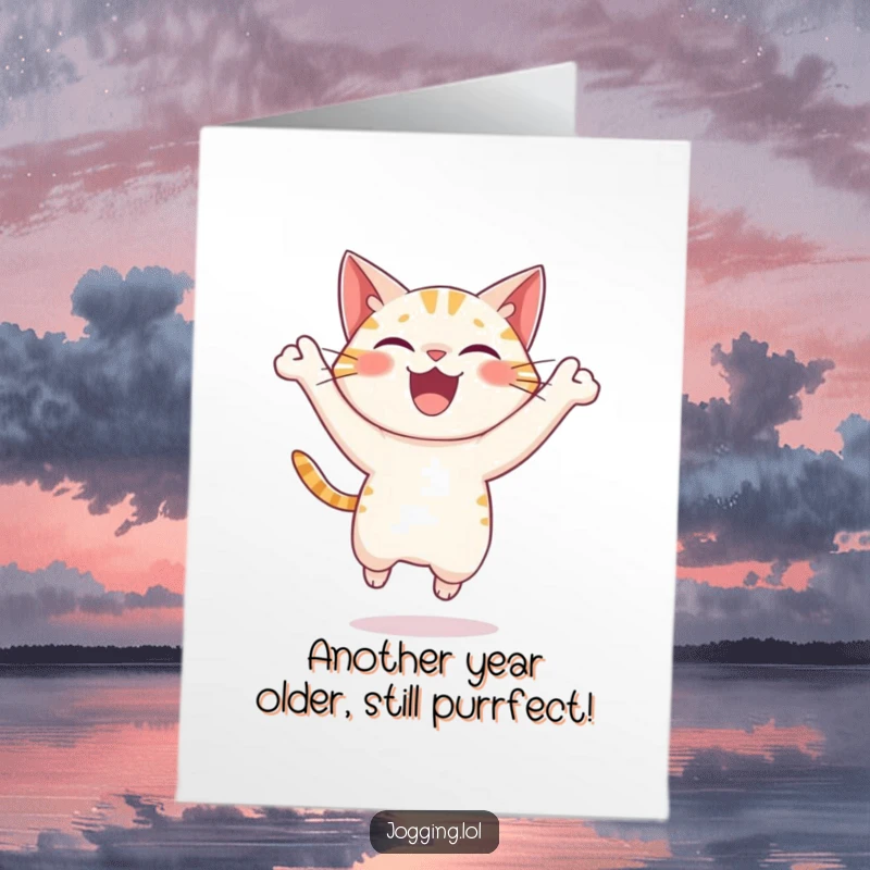 Funny Free Printable Birthday Card: A delighted cat leaps forward with joyous energy, celebrating with an airborne burst of happiness.