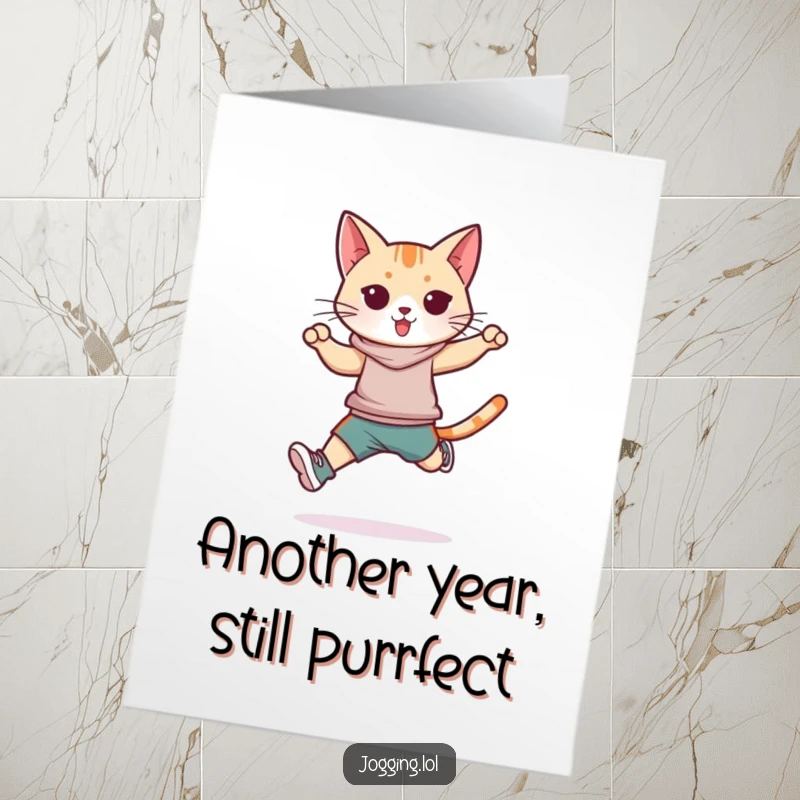 Funny Free Printable Birthday Card: Sleek cat in athletic gear doing a powerful jump, celebrating your big day.